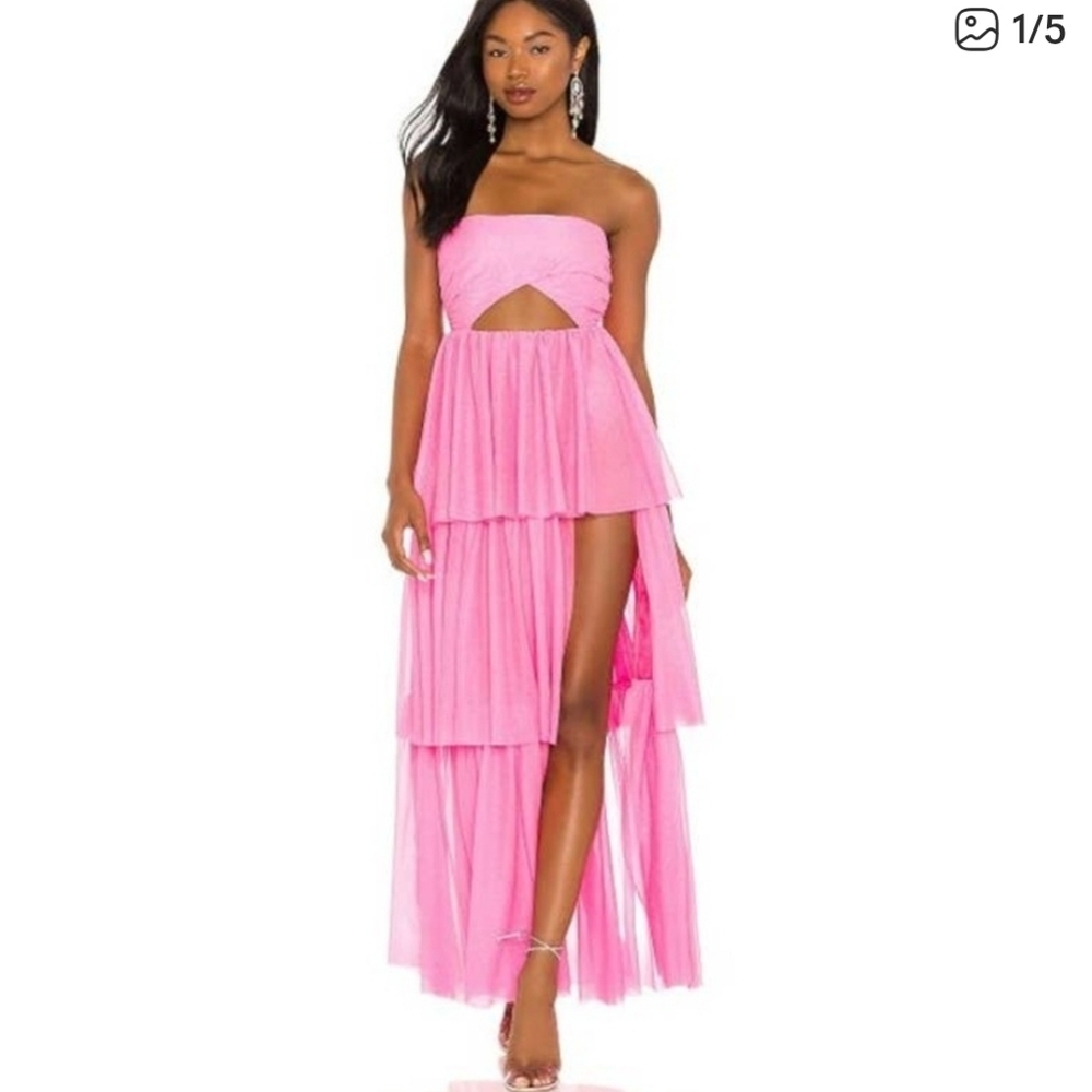 Nwt For Love And Lemons Juni Maxi Dress In Pink Xl Strapless Tiered Slit Skirt